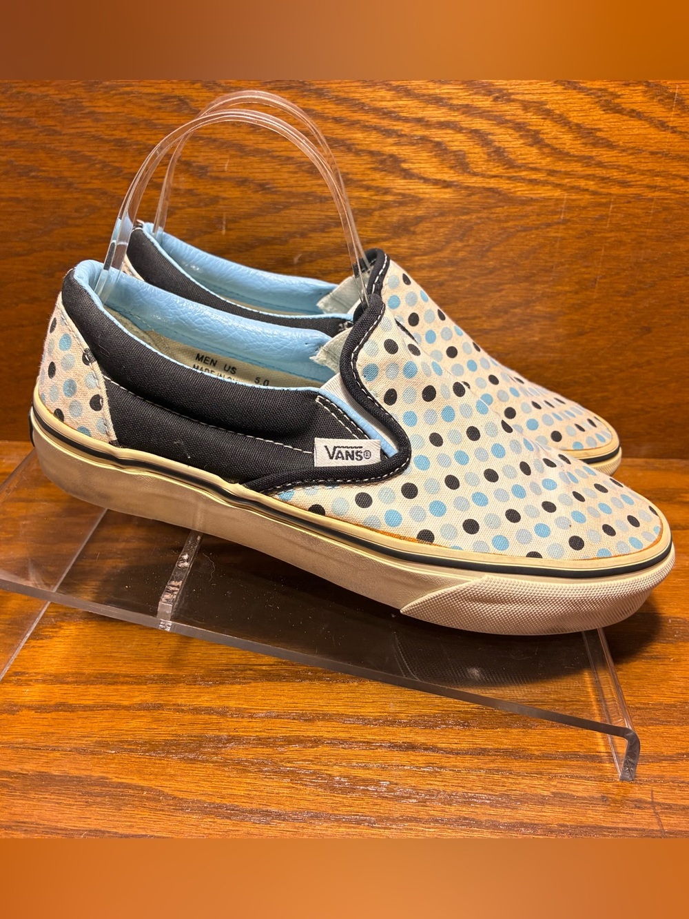 Y2K VTG Vans Polka Dot Canvas Classic Slip-On Sneakers White Black Blue M5 W6.5